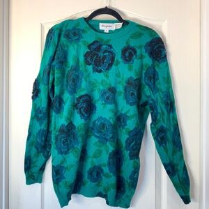 Magnolia Vintage Angora Lambswool Floral Beaded Sweater Turquoise Knit M